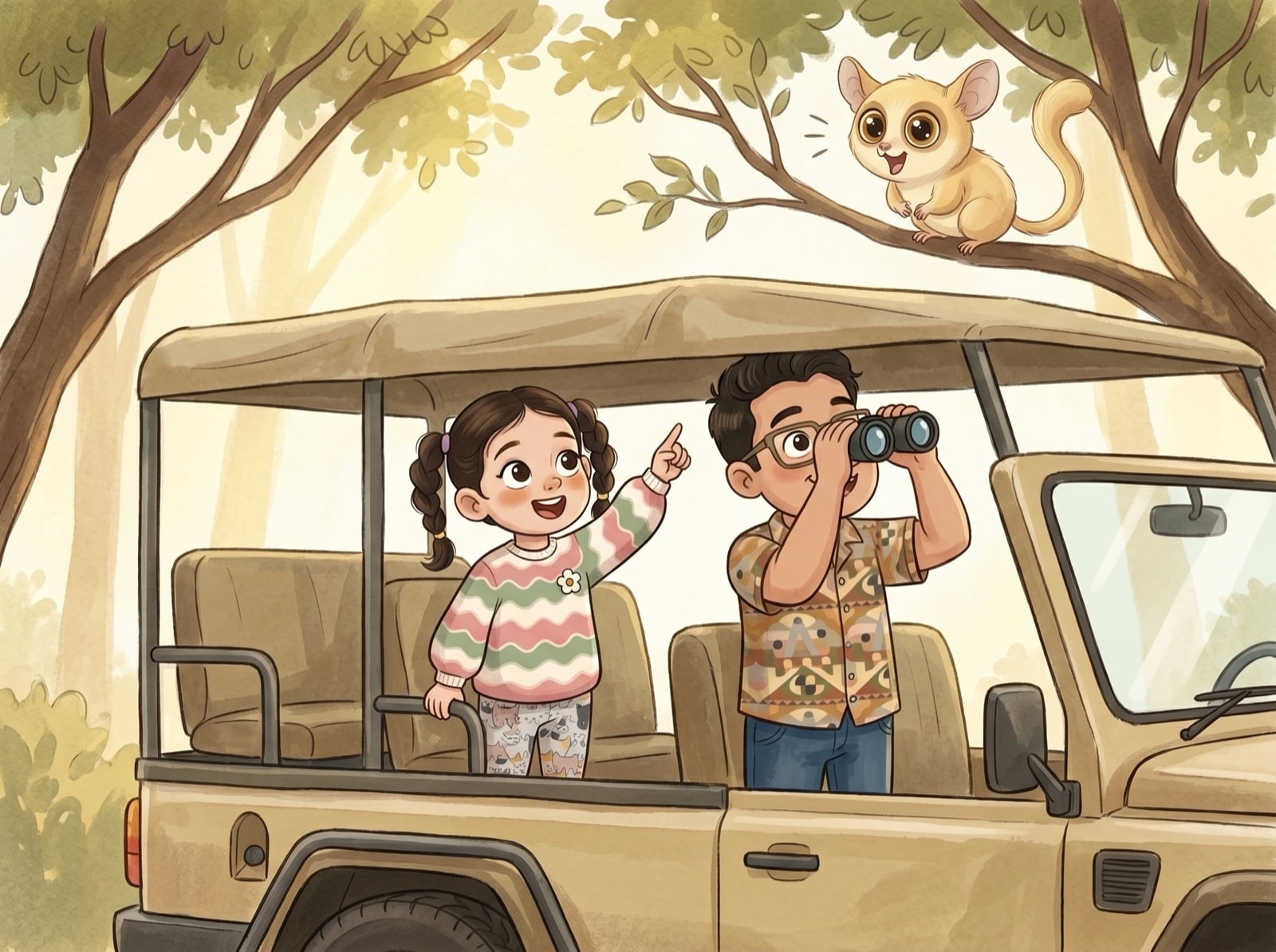 An illustrated picture-book spread: a child stands in an open safari jeep beside a parent with binoculars, both looking up in delight at a tiny bush baby on the canopy frame, in golden light