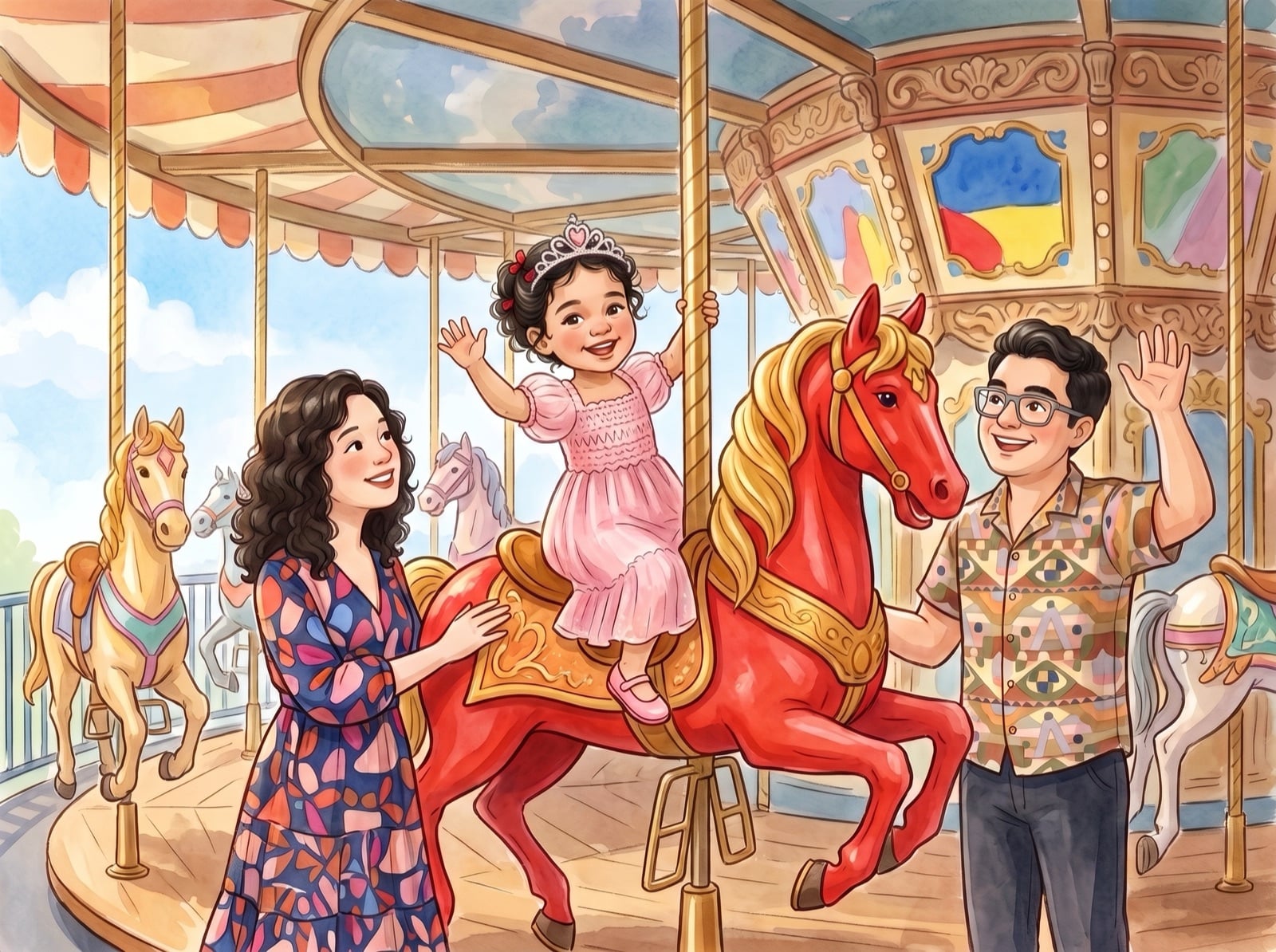 An illustrated picture-book spread: a small girl in a pink party dress and a tiara rides a red carousel horse while her mum steadies her and her dad waves from the side