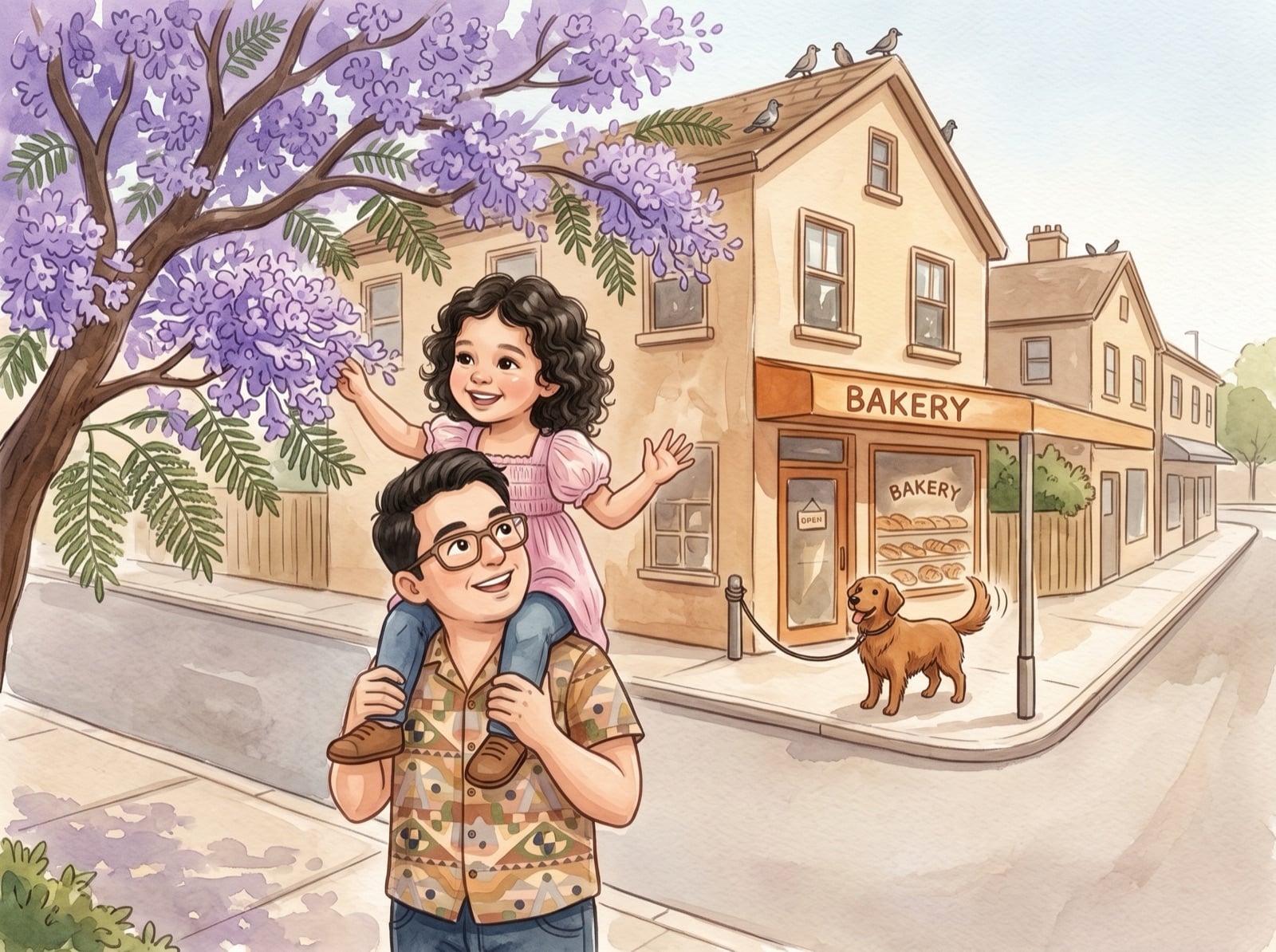 An illustrated picture-book spread: a young child on her father's shoulders under a flowering jacaranda, reaching up into the purple blossom, a bakery and a dog on a lead behind them