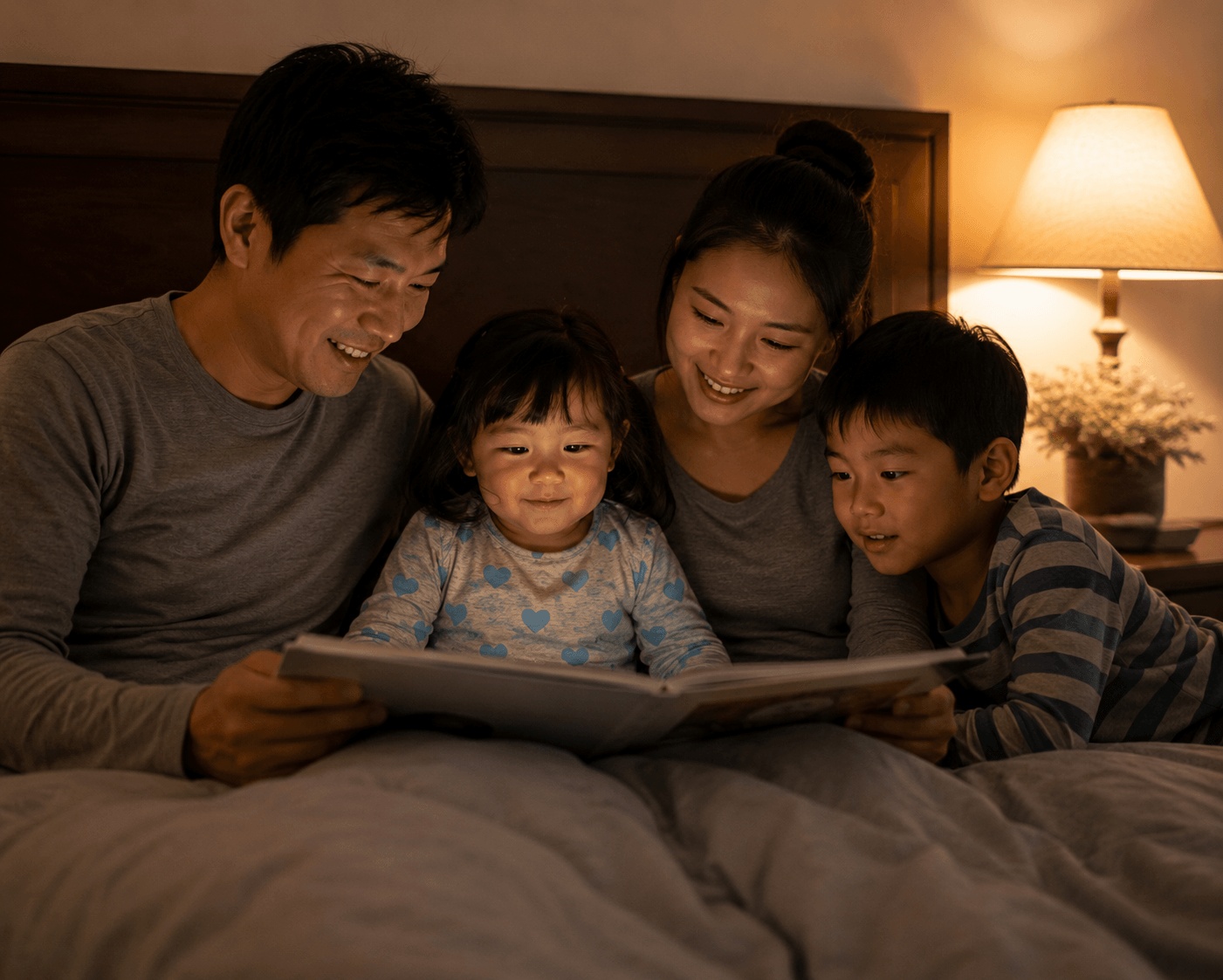 A family reading their personalised Almia hardcover storybook together at bedtime