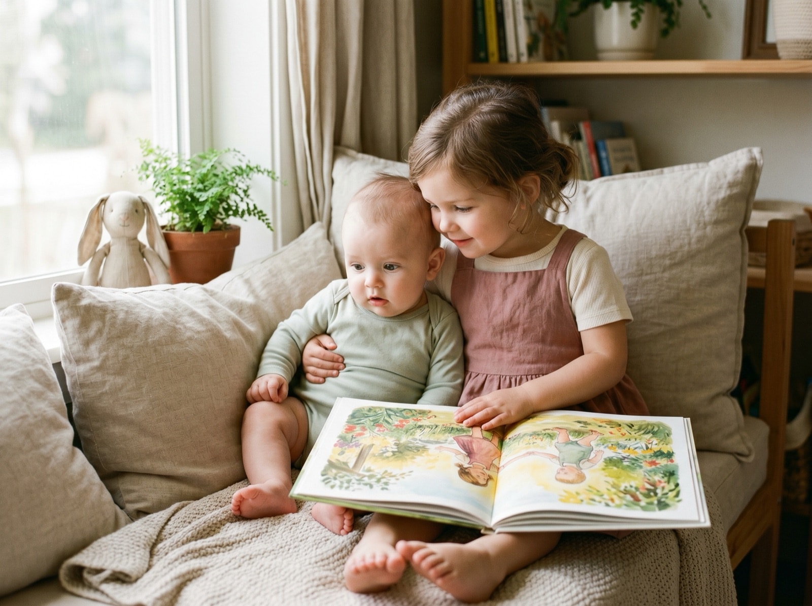 An older sibling holds their baby brother or sister close as they look at an open hardcover picture book together in a cosy, sunlit window nook.