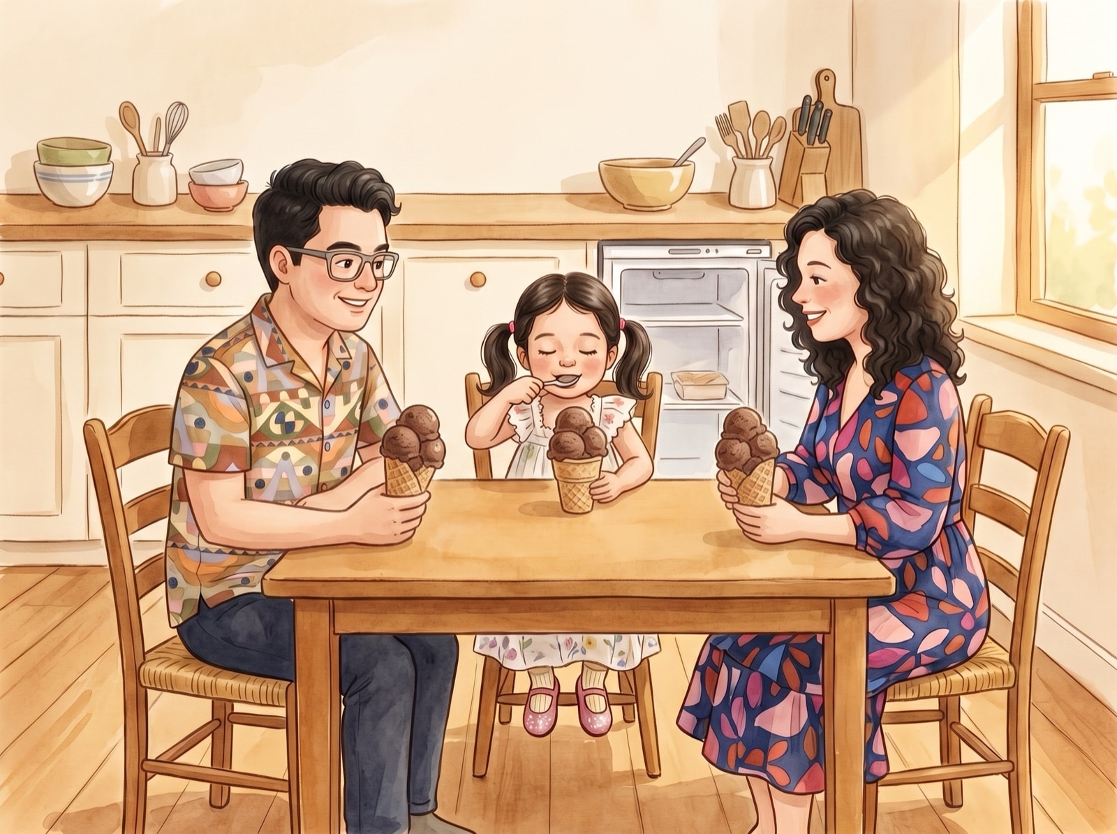 An illustrated picture-book spread: a small girl sits at a sunny kitchen table between her mum and dad, all three holding chocolate ice cream cones