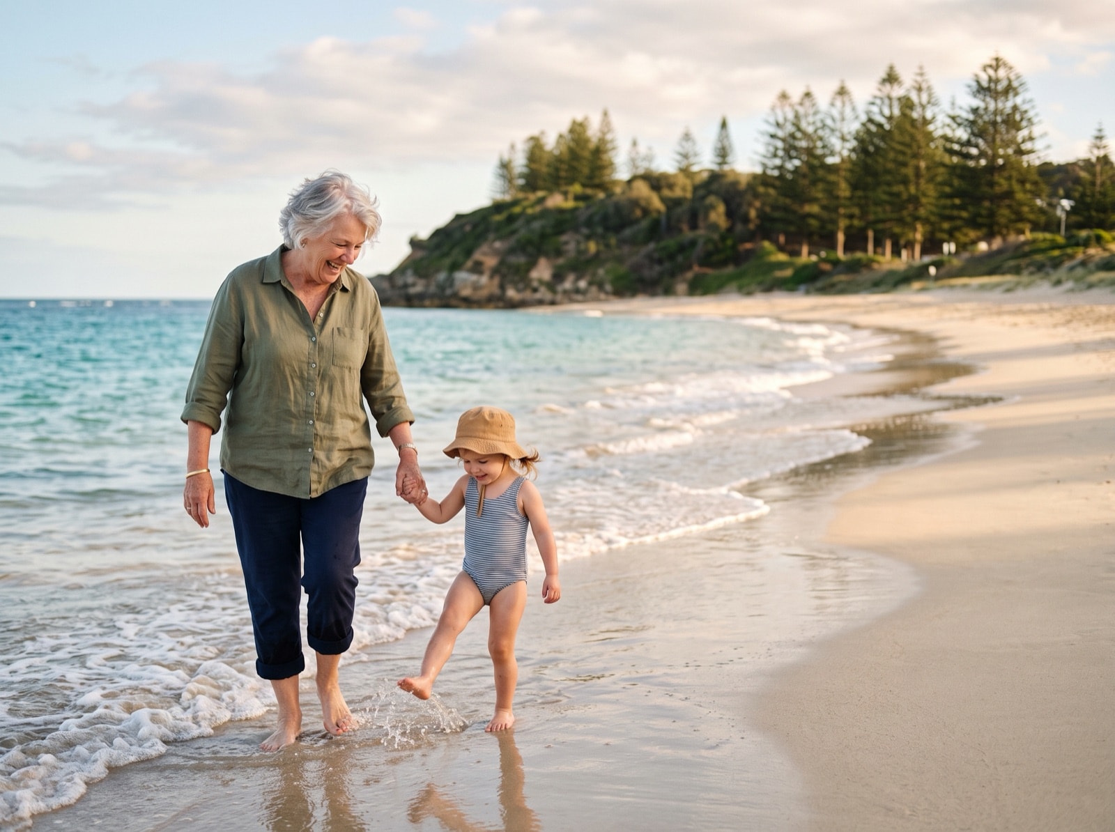 A grandmother laughs as she walks hand in hand with her small granddaughter along the water's edge at a beach, the child kicking at a wave