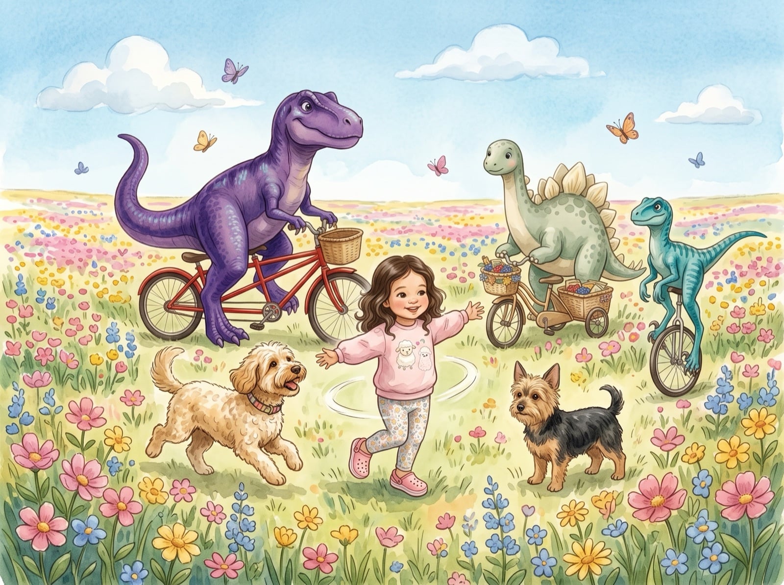 An illustrated picture-book spread: a child dances in a flowery meadow as a purple T-rex rides a red tandem bicycle, a stegosaurus and a small dinosaur roll alongside, and two dogs run beside her.