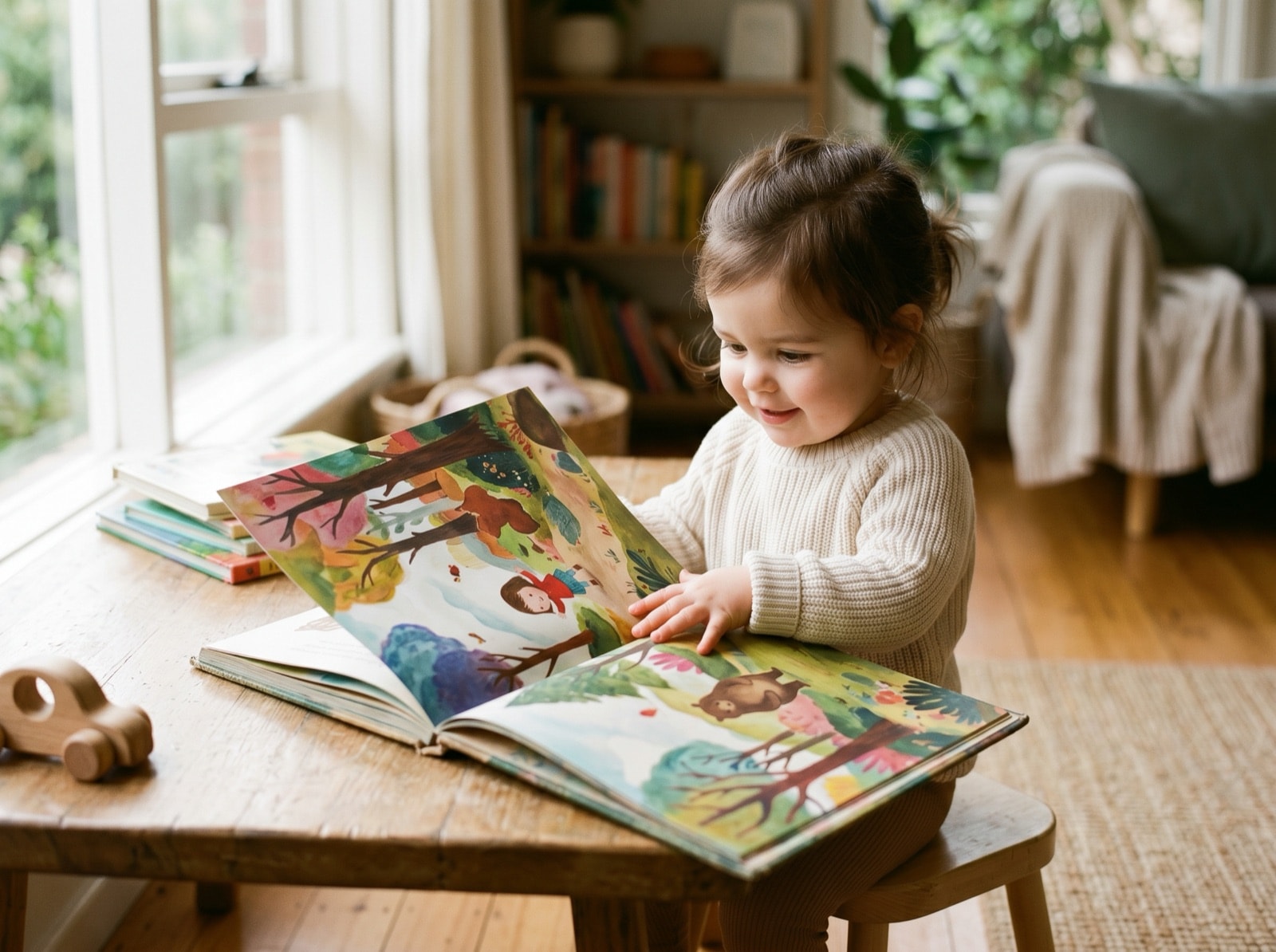 A smiling toddler at a low wooden table in bright daylight, absorbed in a large open hardcover picture book full of colourful illustrations.