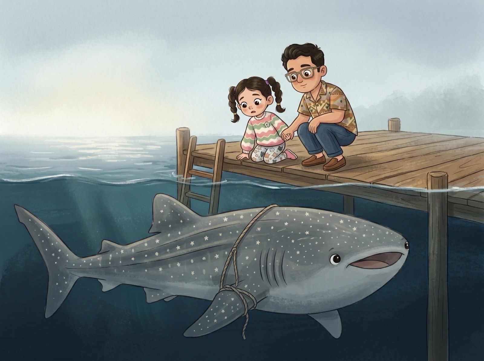 An illustrated picture-book spread: a child and a parent crouch on a wooden jetty, looking down with concern at a large whale shark below the surface, gently caught in a loop of rope