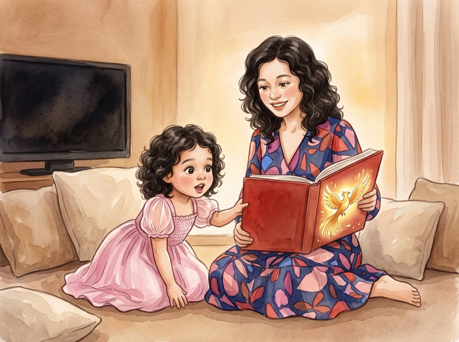 An illustrated picture-book spread: a young child kneels beside a parent on the lounge-room floor, both looking at a glowing open storybook, with a switched-off television dark in the background