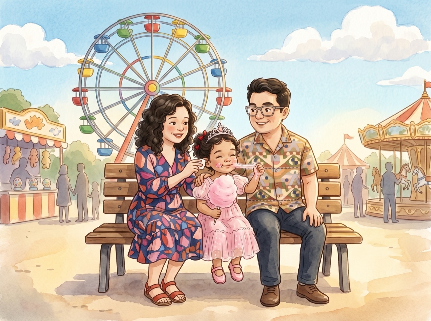 An illustrated picture-book spread: a small girl in a pink dress and tiara sits on a park bench between her mum and dad eating fairy floss, with a ferris wheel and a carousel behind them