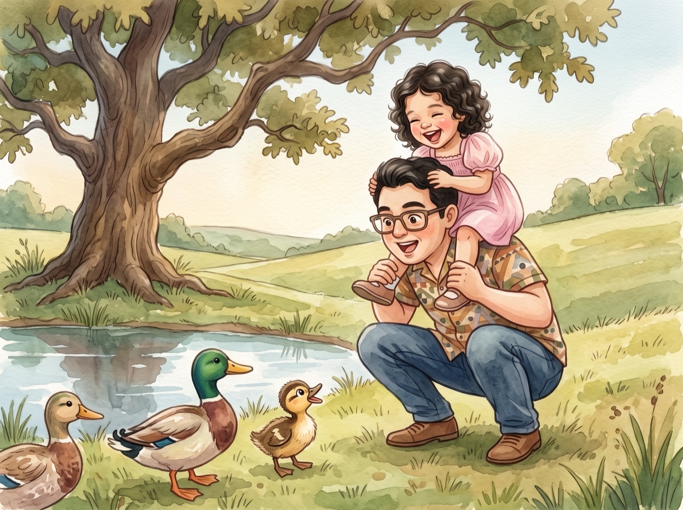 An illustrated picture-book spread: a father crouches at the edge of a pond with his young daughter on his shoulders, both laughing, as ducks walk past on the grass beside them