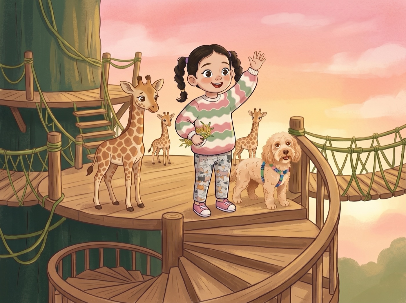 An illustrated picture-book spread: a child waves from a wooden treehouse platform at golden sunset, with giraffes on one side and her small curly-haired dog beside her, a rope bridge leading off into the trees