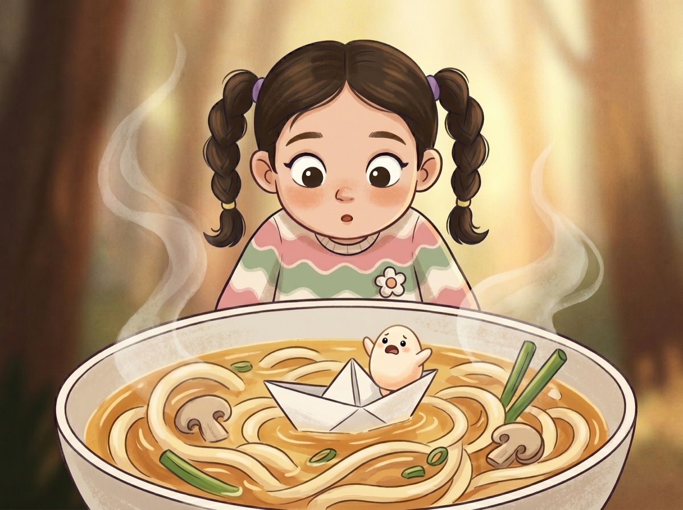 An illustrated picture-book spread: a young child beams over an enormous steaming bowl of udon noodles with a small paper boat floating in the broth