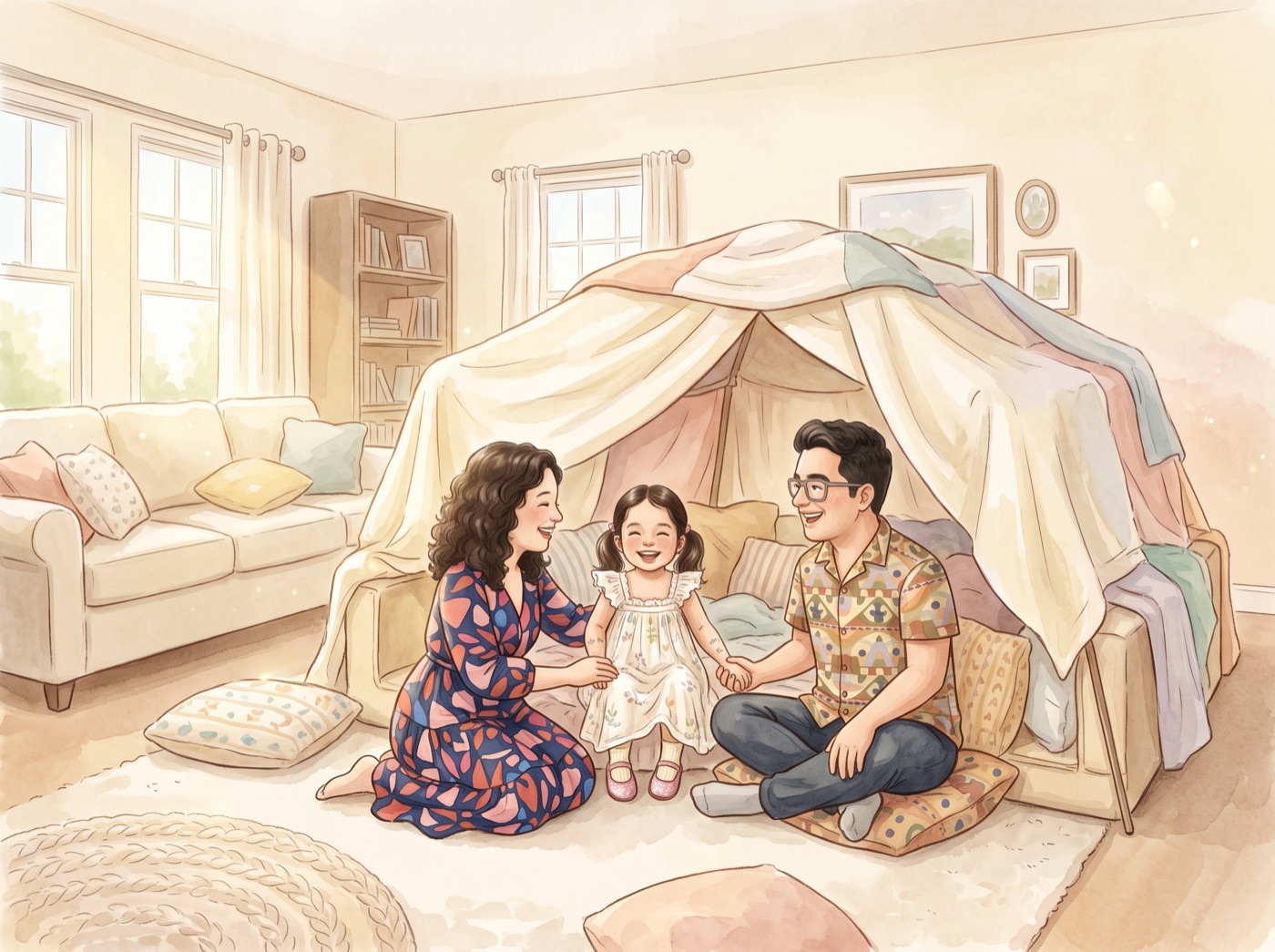 An illustrated picture-book spread: a small girl laughs between her mum and dad inside a blanket fort built across a sunny lounge room