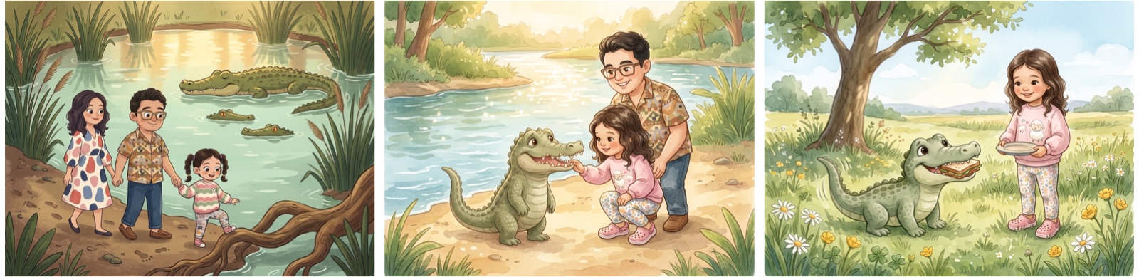 Three illustrated picture-book spreads side by side, all starring a friendly crocodile: a family walking beside a river where crocodiles rest in the water, a child gently reaching out to a smiling crocodile on a sandy bank, and a child offering a sandwich to a crocodile in a sunny meadow.