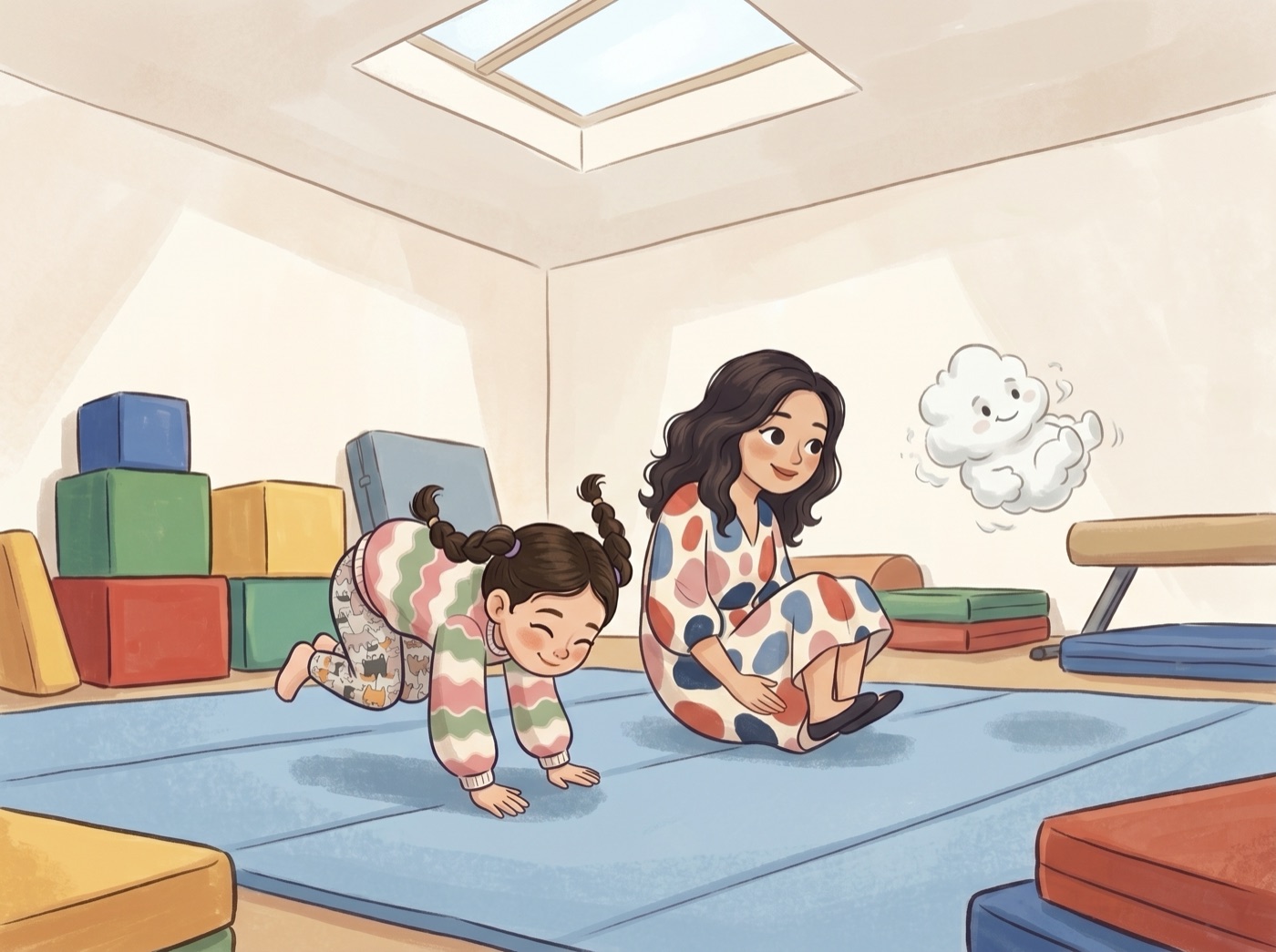 An illustrated picture-book spread: a young child tumbles through a roly poly on a play-mat while a parent sits beside them and a small smiling cloud watches, in a sunlit playroom