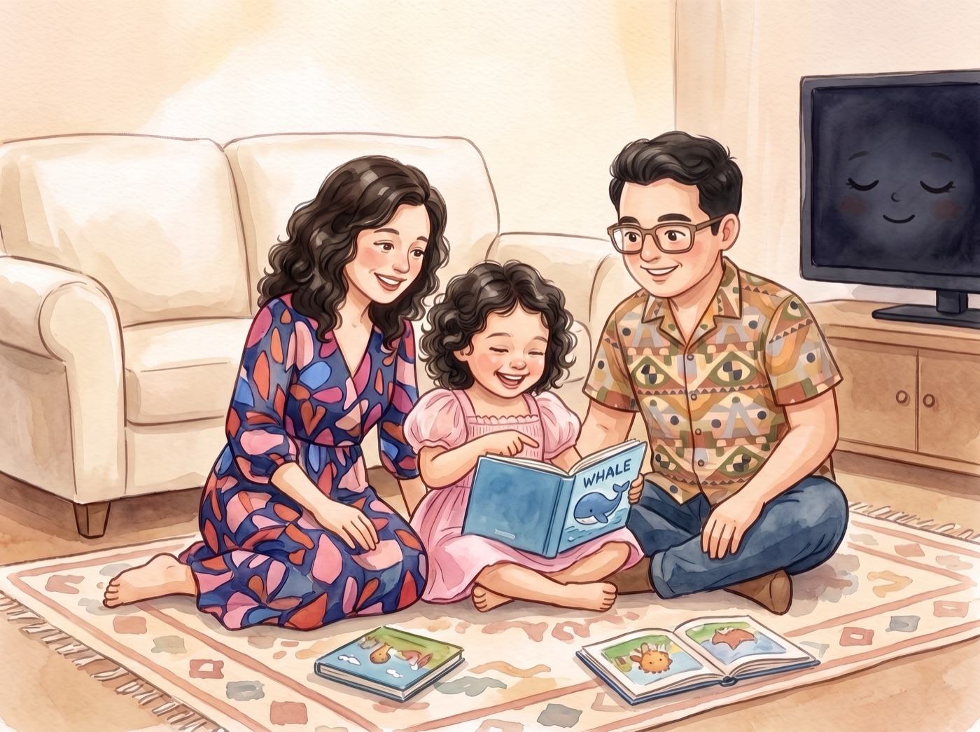 An illustrated picture-book spread: a family of three sits together reading a picture book on a rug, with the television in the background showing a soft, sleeping face with closed eyes
